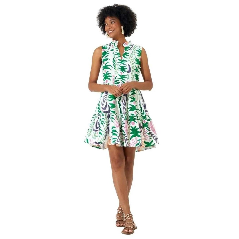 Oliphant Yoke Sleeveless Tiered Mini Dress Women's XS White Green Tropical Print